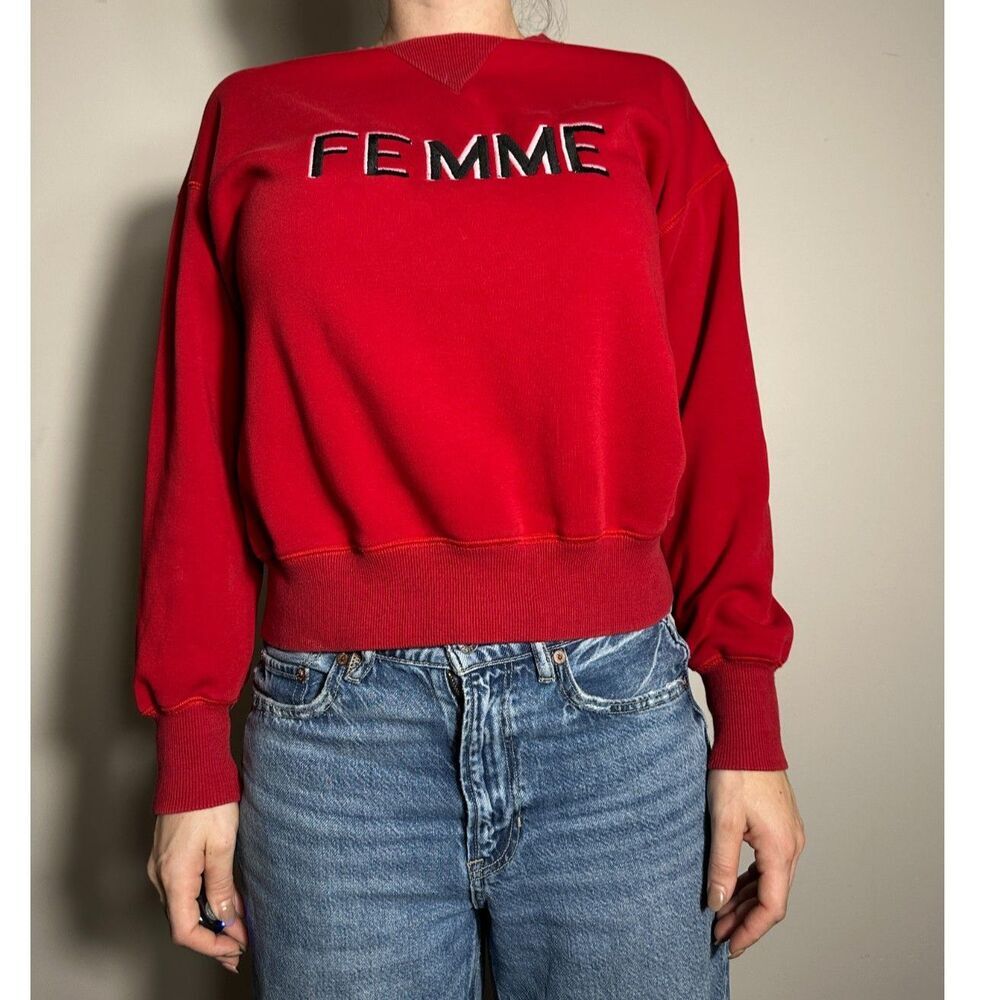 Anthropologie FRNCH Red "FEMME" Graphic Crewneck Sweatshirt Size S